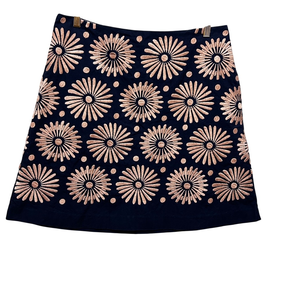 Boden Women Knee Length A-Line‎ Skirt 10 Navy Tan Embroidered Floral Statement